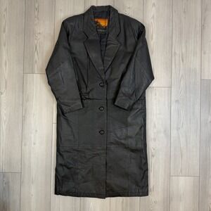 Vintage Outbrook Woman's Large Petite Black Leather Long Trench Coat